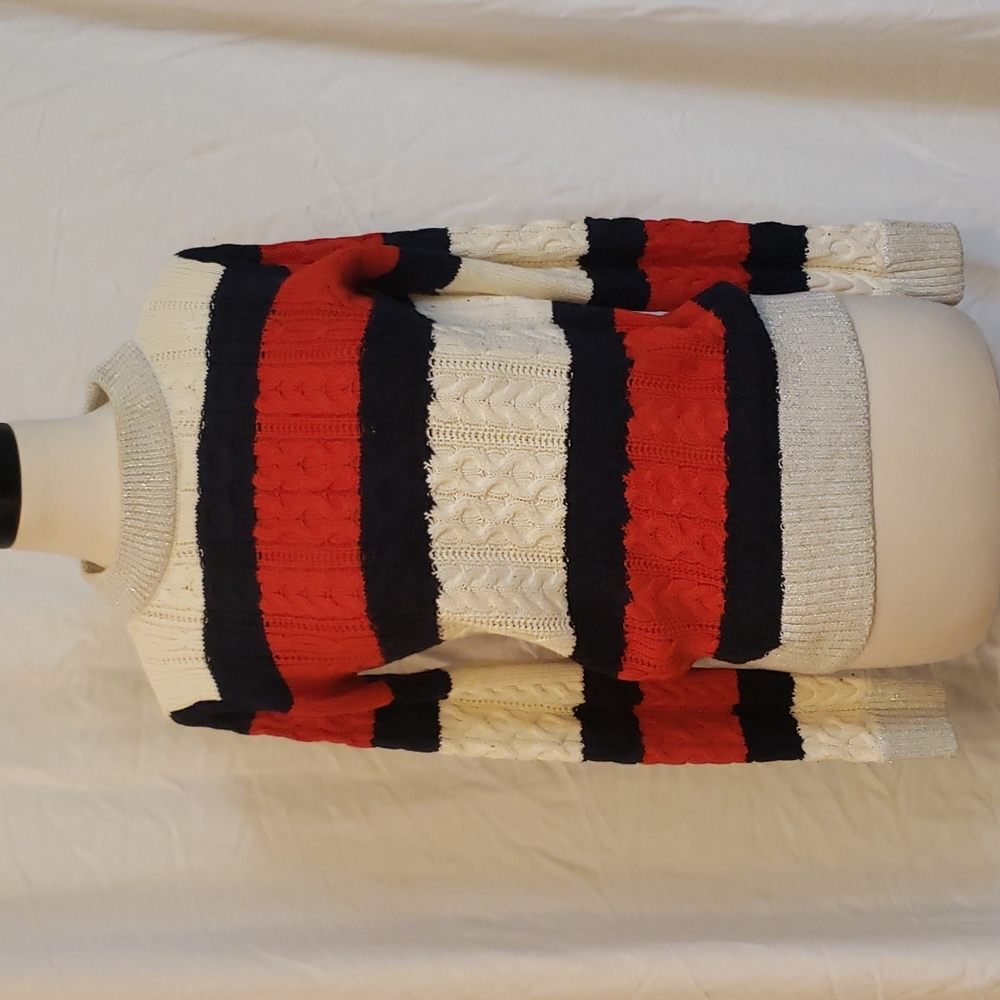 BLUE RED CREAM STRIPED COLOR BLOCKED SWEATER SILVER SPARKLE ACCENT CABLE KNIT S